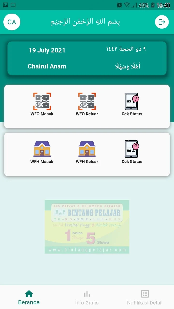 BP dashboard with WFO and WFH attendance actions