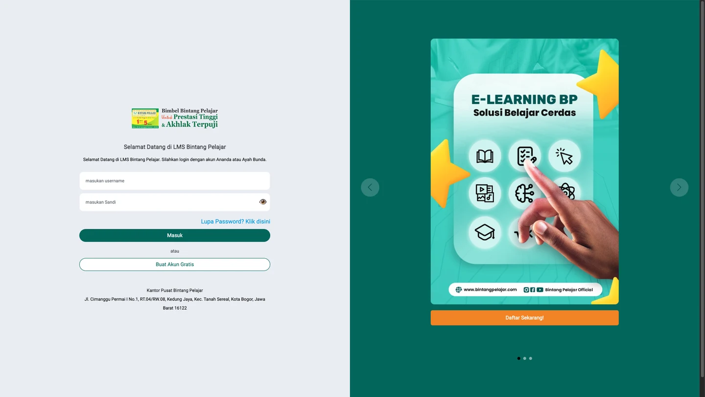 Bintang Pelajar Learning Management System authentication portal with E-Learning BP branding.