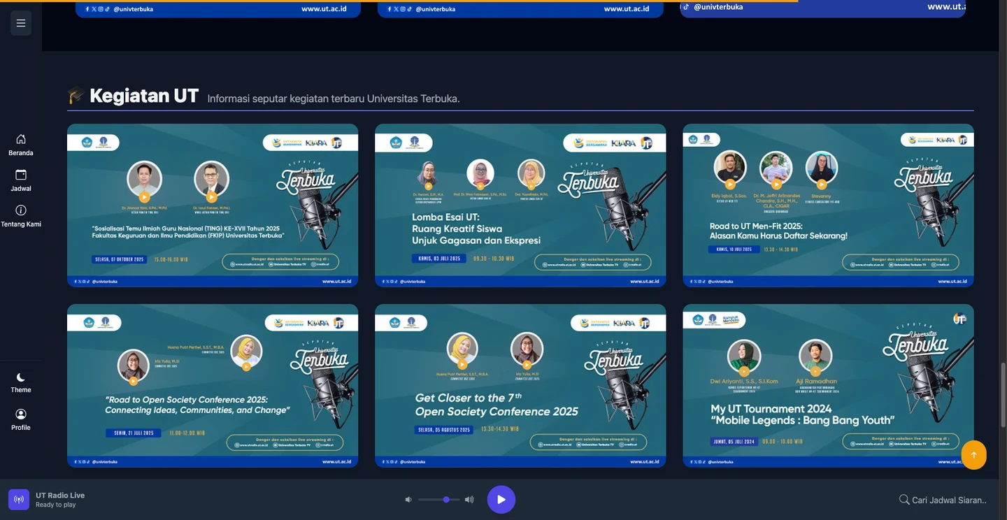 Current UT Radio website desktop screenshot showing program schedule and audio broadcasting interface.
