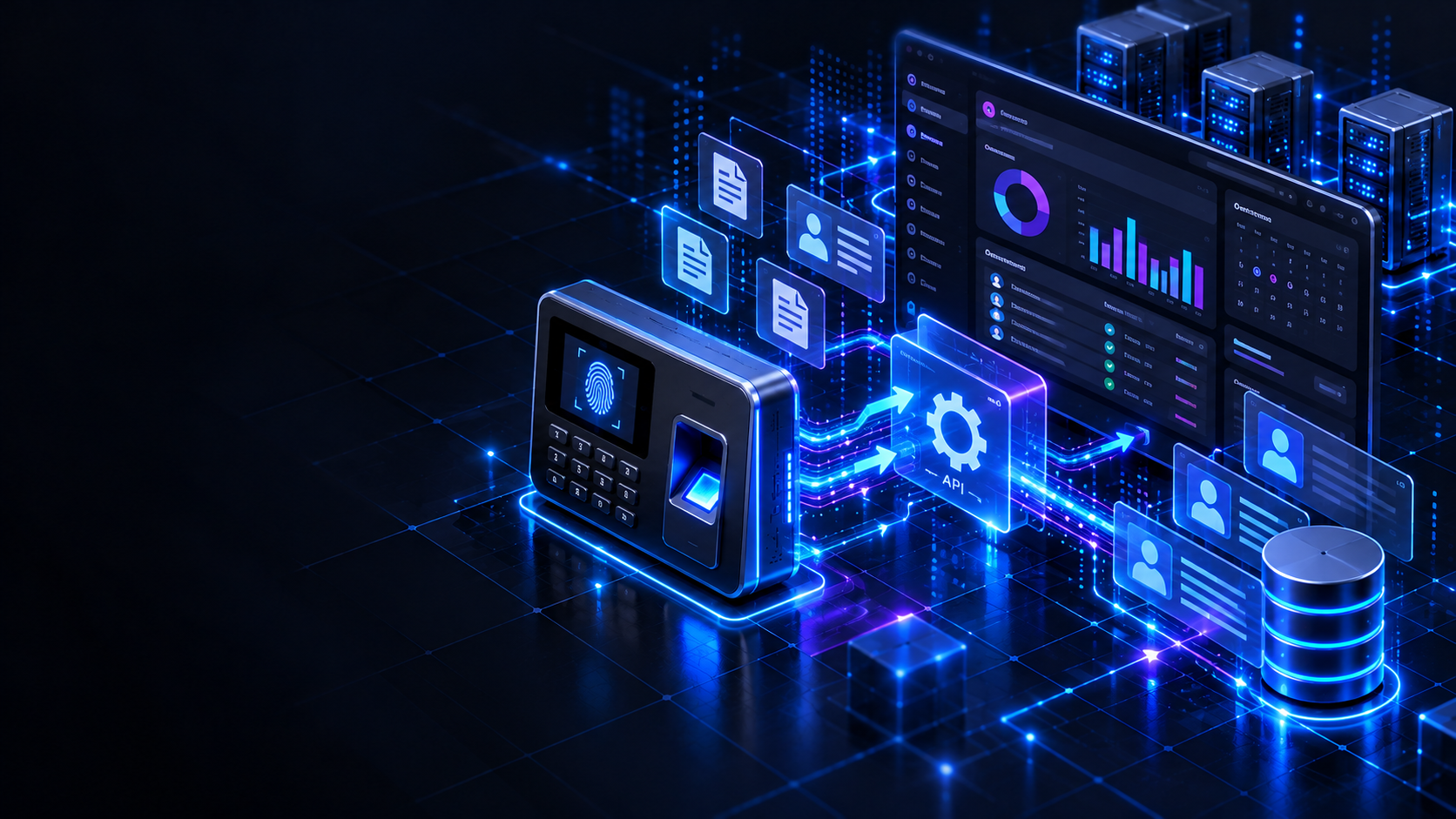 Conceptual 3D illustration of biometric attendance integration hub with Odoo HR.