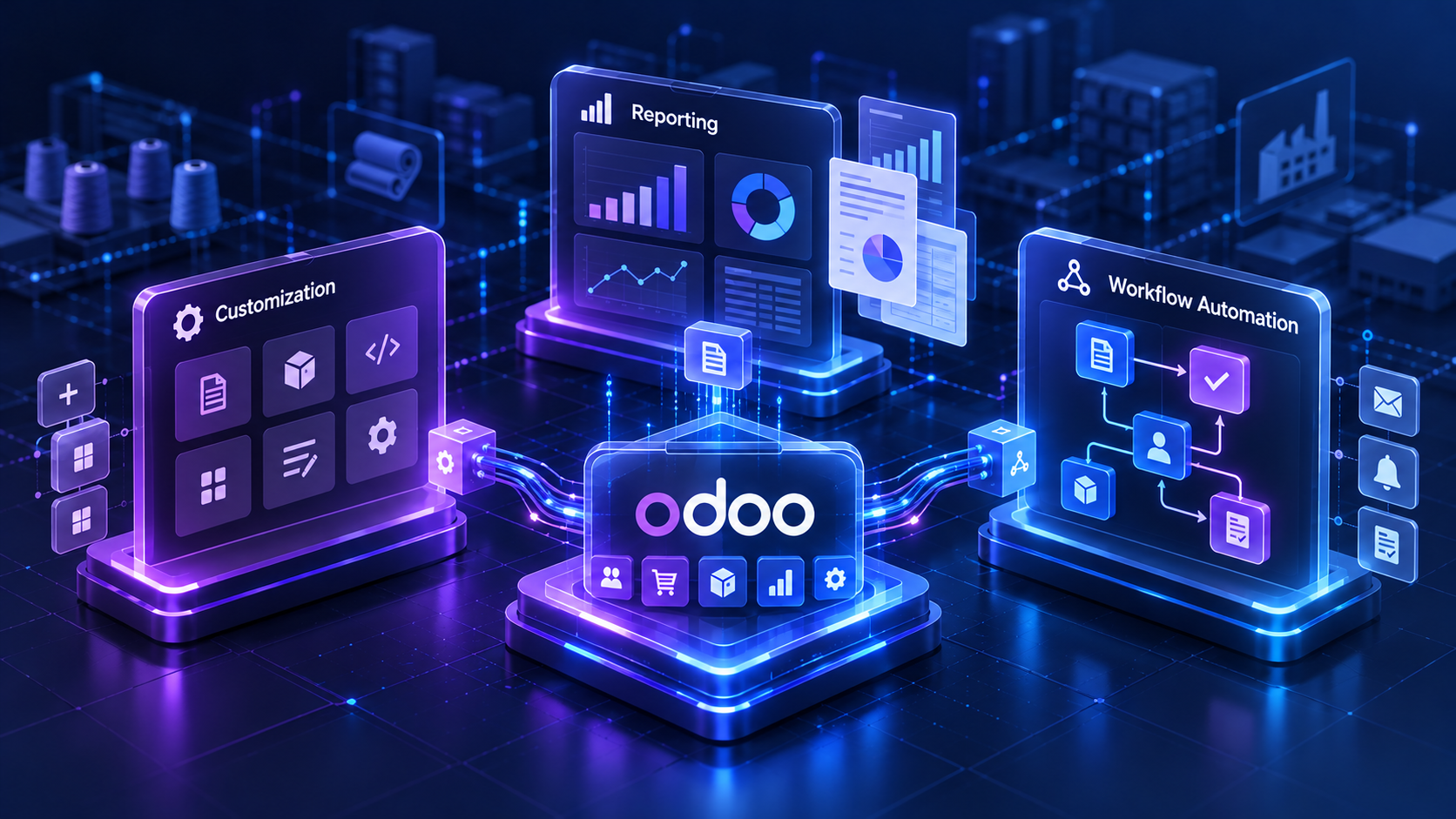 Conceptual illustration of enterprise Odoo customization, reporting dashboards, and workflows.