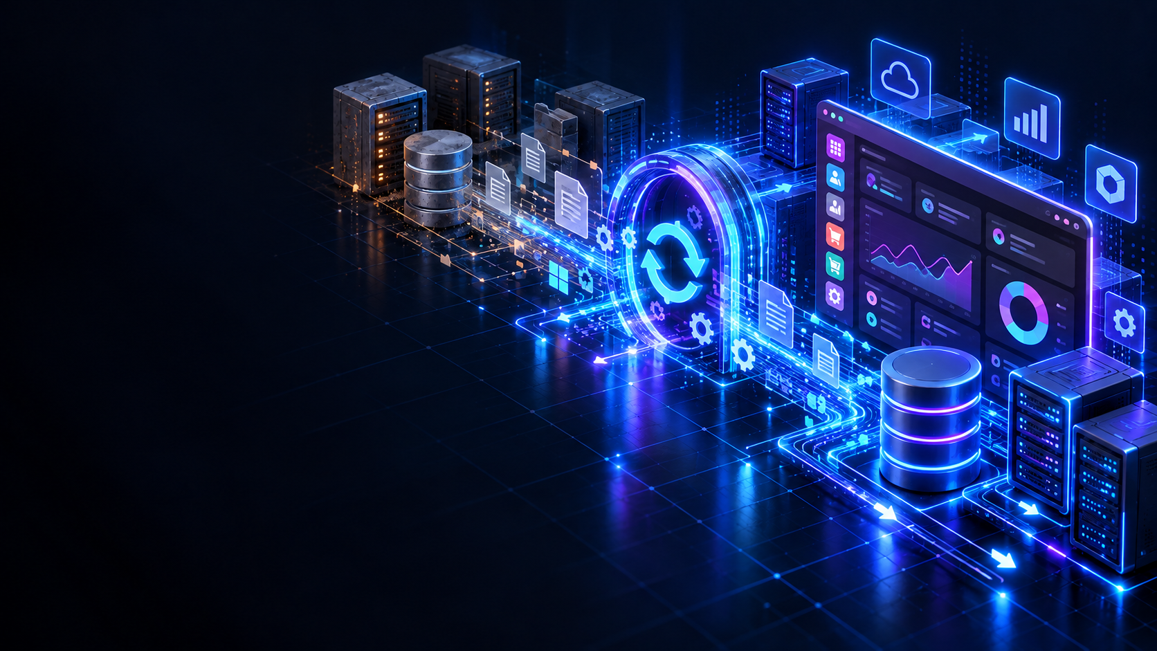 Conceptual 3D illustration of ERP data migration gateway and database streams.