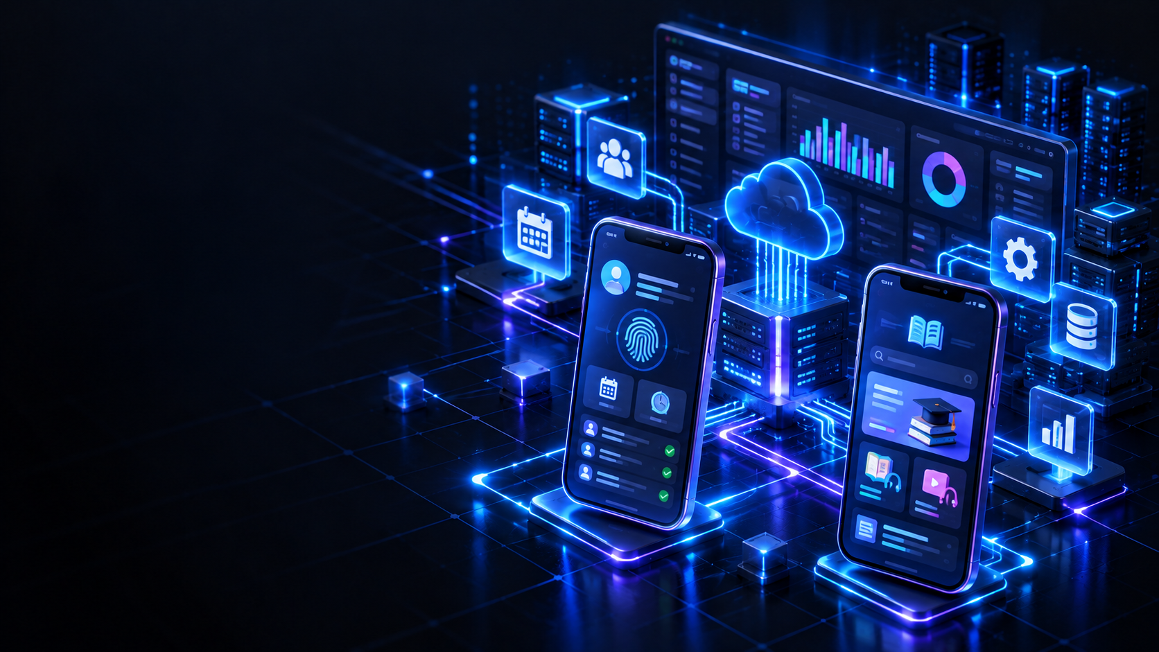 Conceptual 3D illustration of mobile ERP ecosystem and Flutter application interfaces.