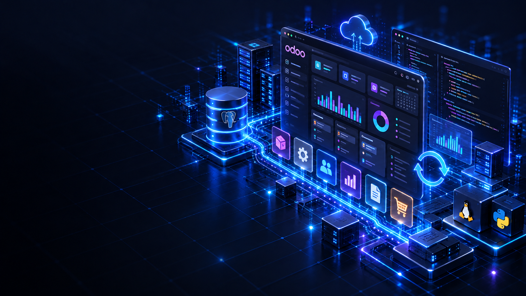 Conceptual 3D illustration of Odoo ERP infrastructure, database network, and backend systems.