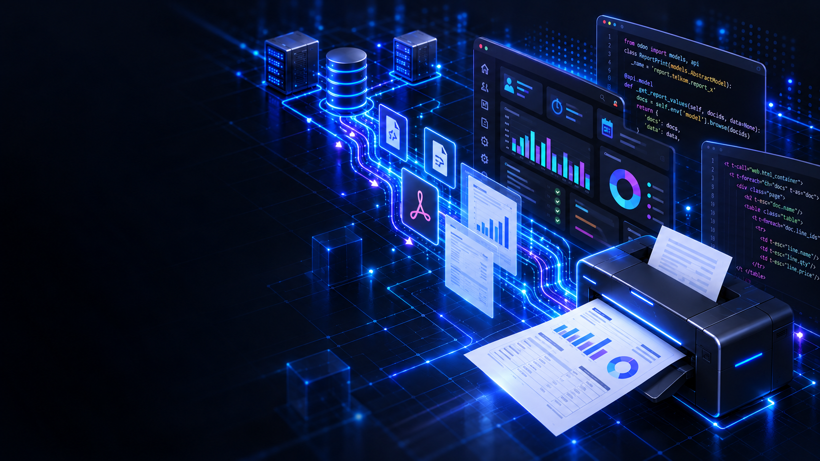 Conceptual 3D illustration of automated QWeb reporting pipeline and PDF layout engine.
