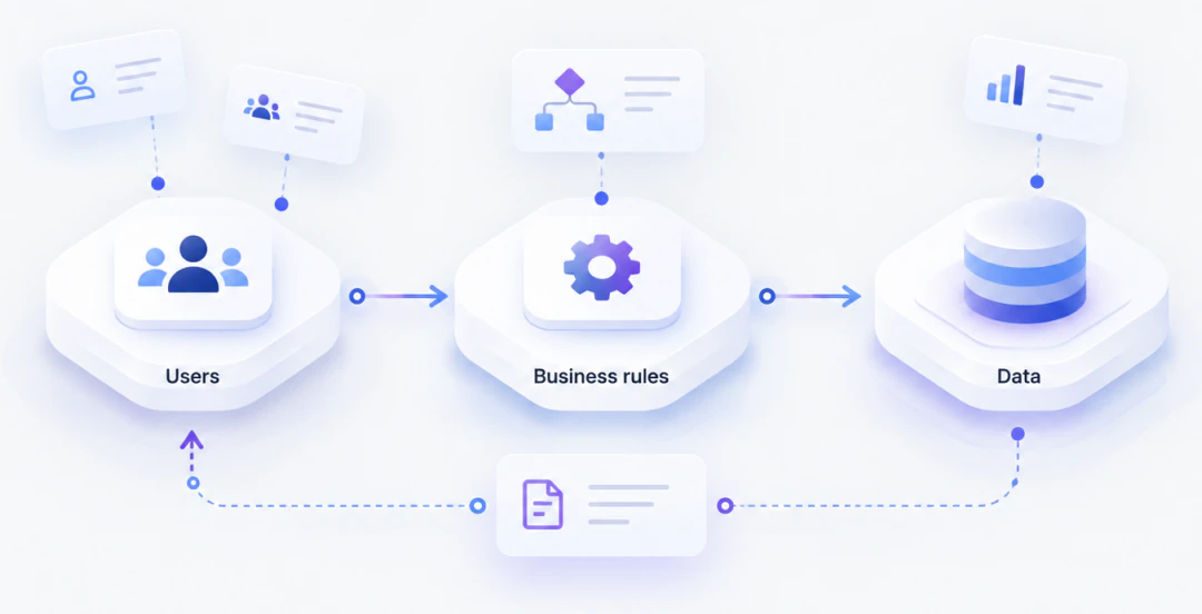 Conceptual illustration connecting users, business rules, and data.