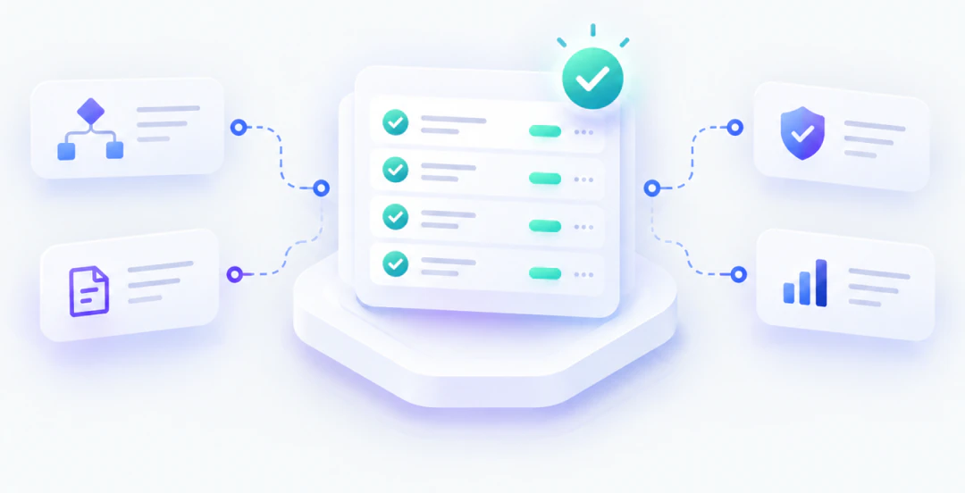 Conceptual validation dashboard with workflow connections and teal review indicators.