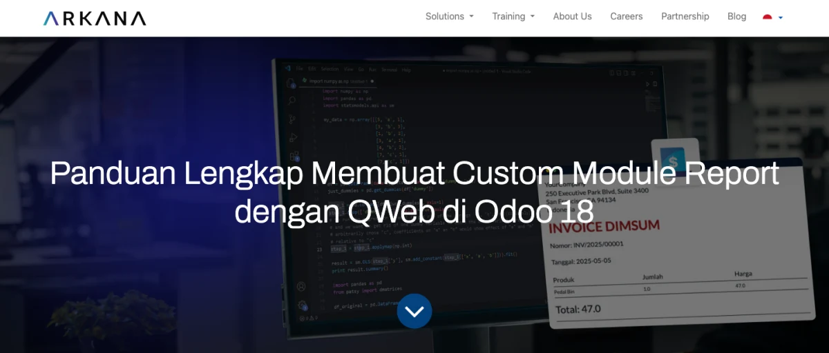 Actual Arkana article hero showing its logo, the Odoo 18 QWeb guide title, and an invoice preview.