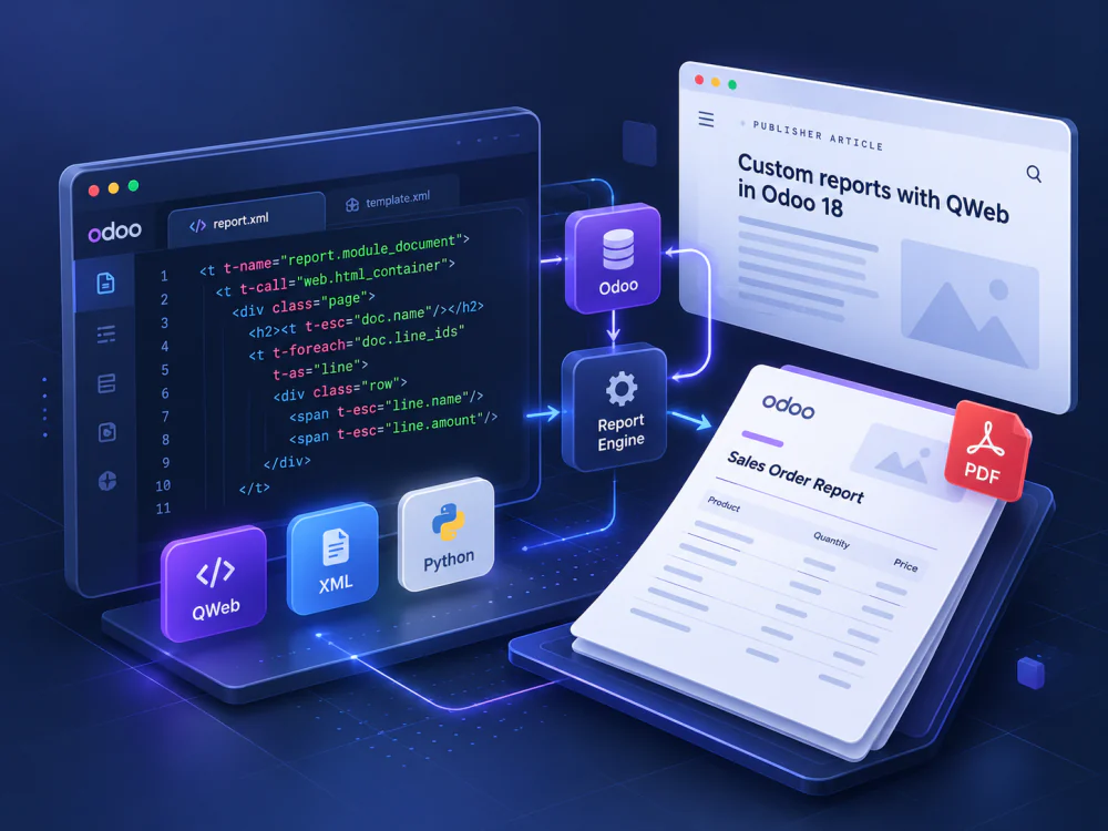 Conceptual illustration of QWeb templates, the Odoo report engine, and PDF output.